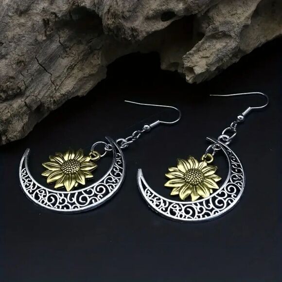New - Crescent Moon and Sunflower Boho Drop Earrings - Picture 5 of 5